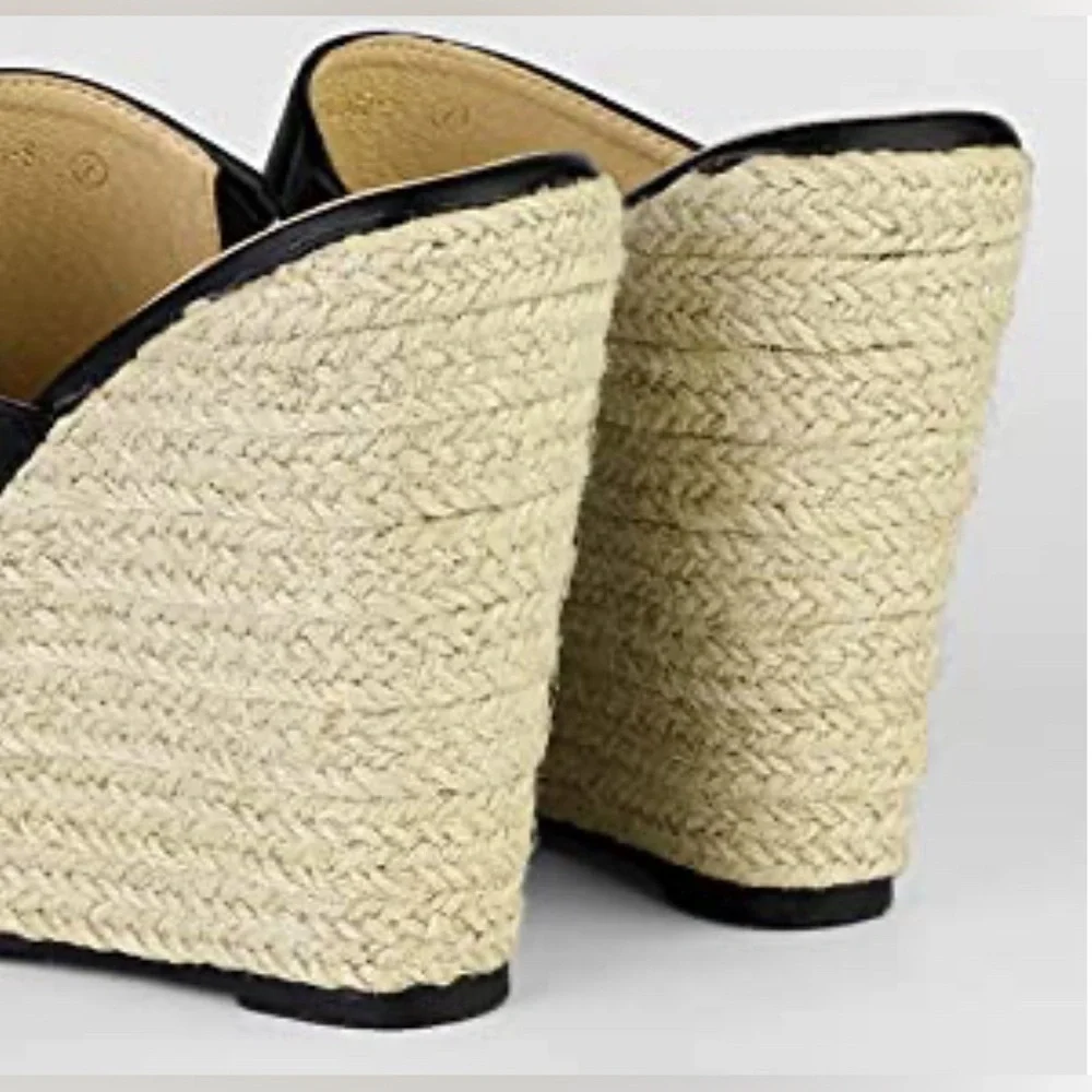 Allegra K Slip on Platform Sandals Espadrilles Wedges Slides Mules, Black 9